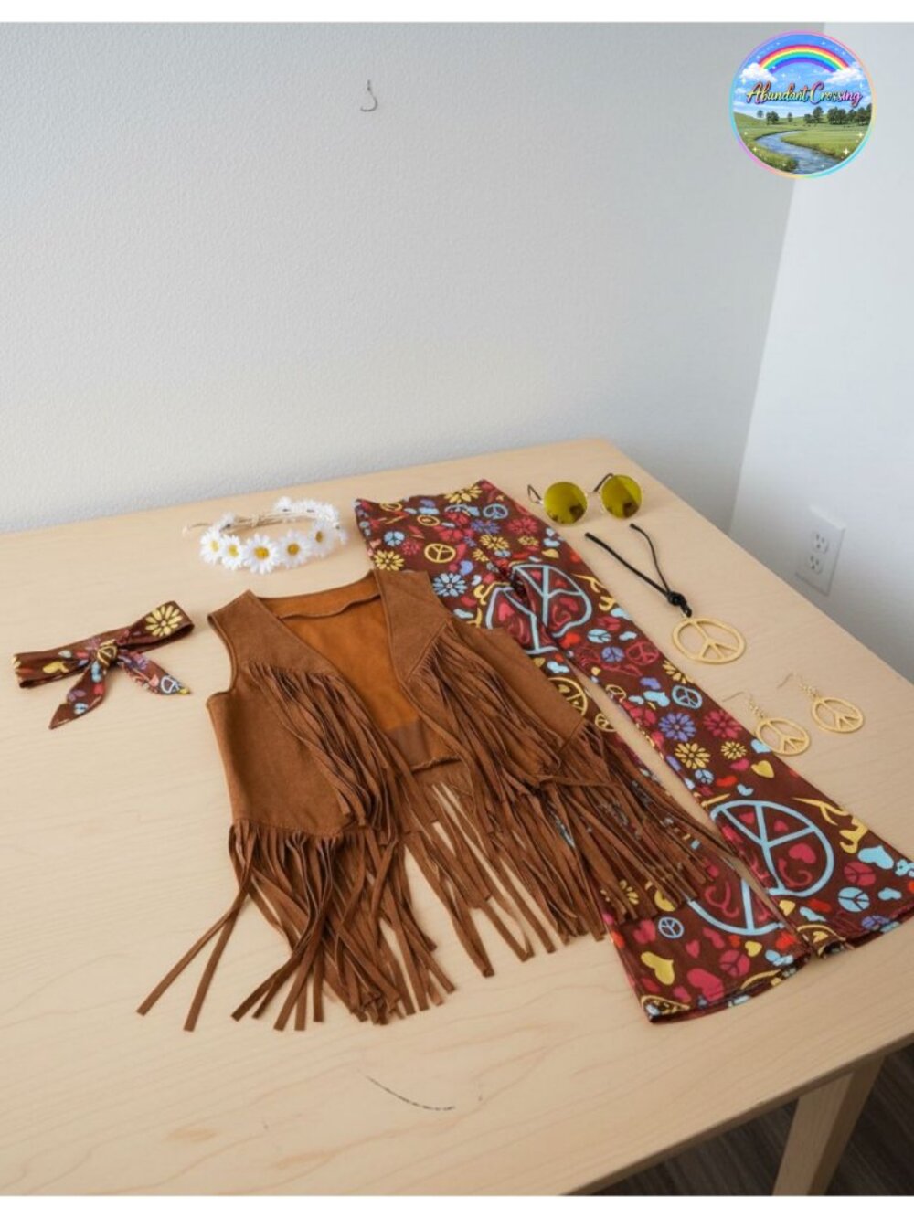 Hippie Costume Set 8 Pcs Fringe Vest Flared Pants Peace Sign Necklace Earrings